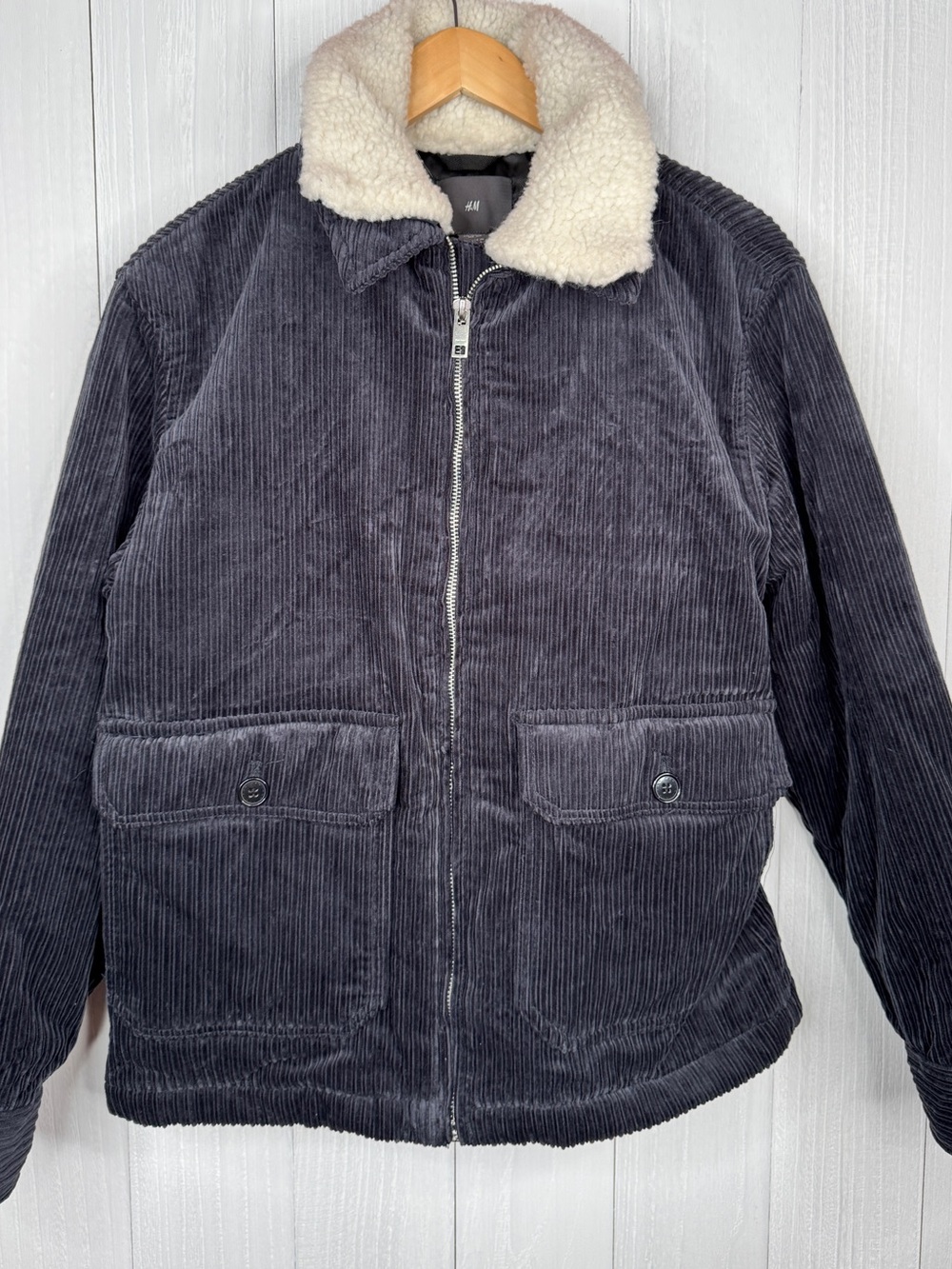 H&M Navy Corduroy Jacket with Detachable Sherpa Collar - Picture 3 of 9
